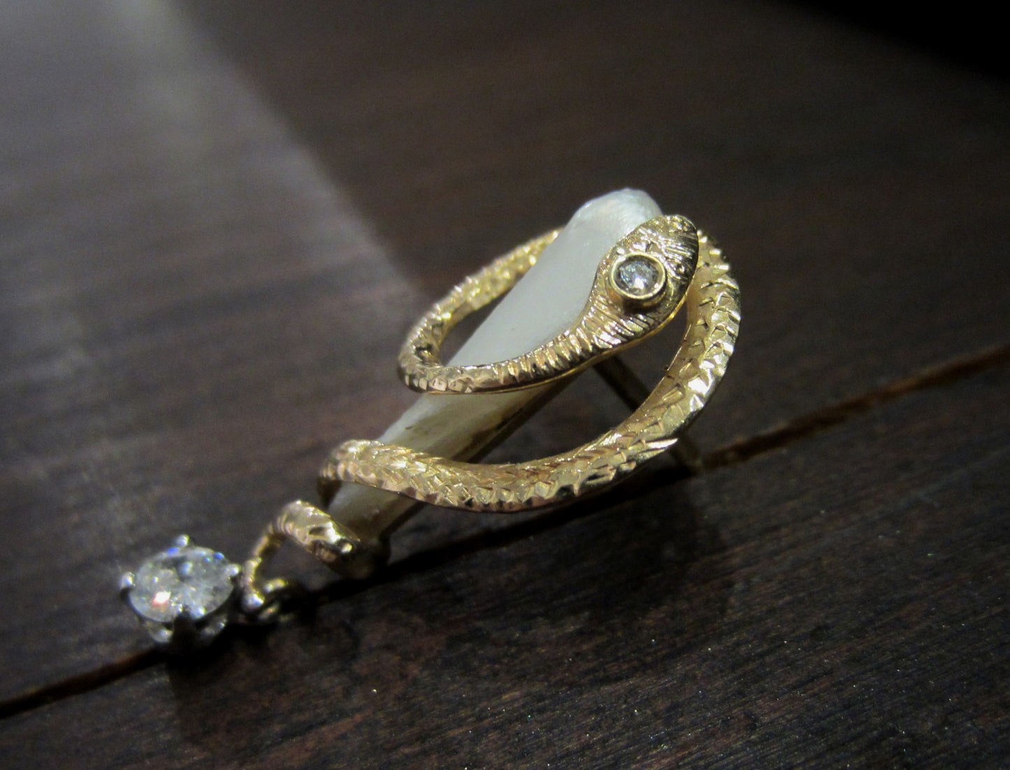 SOLD--Retro Diamond and Pearl Snake Tie Pin 14k c. 1940