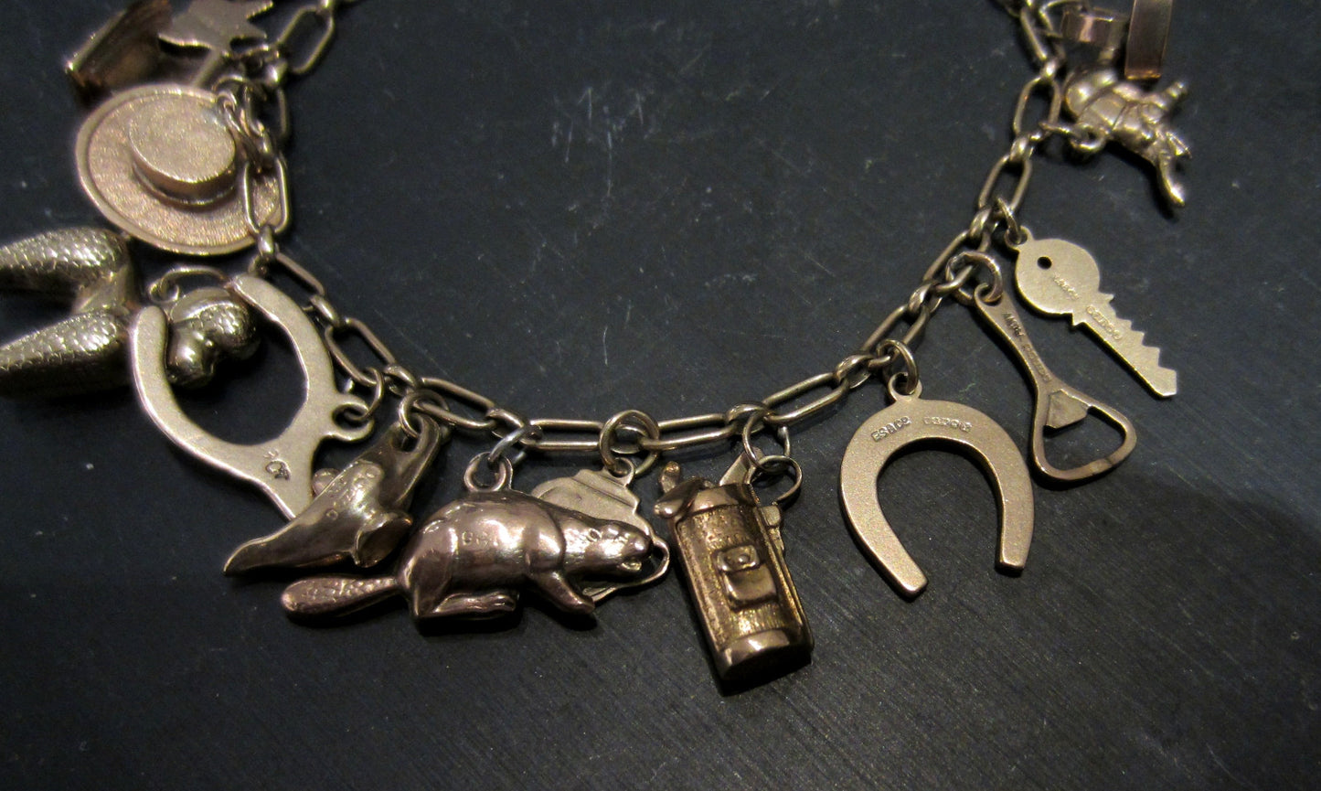 SOLD--Mid-Century Charm Bracelet 9k/18k Rose Gold, British c. 1948-51