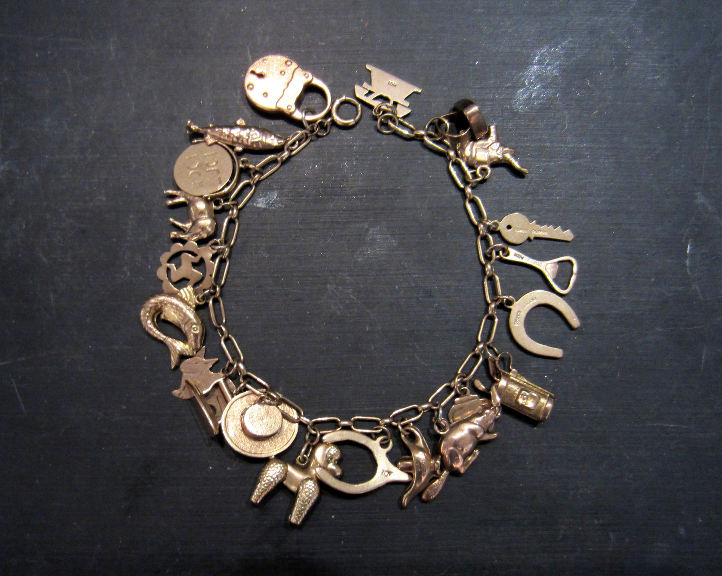 SOLD--Mid-Century Charm Bracelet 9k/18k Rose Gold, British c. 1948-51