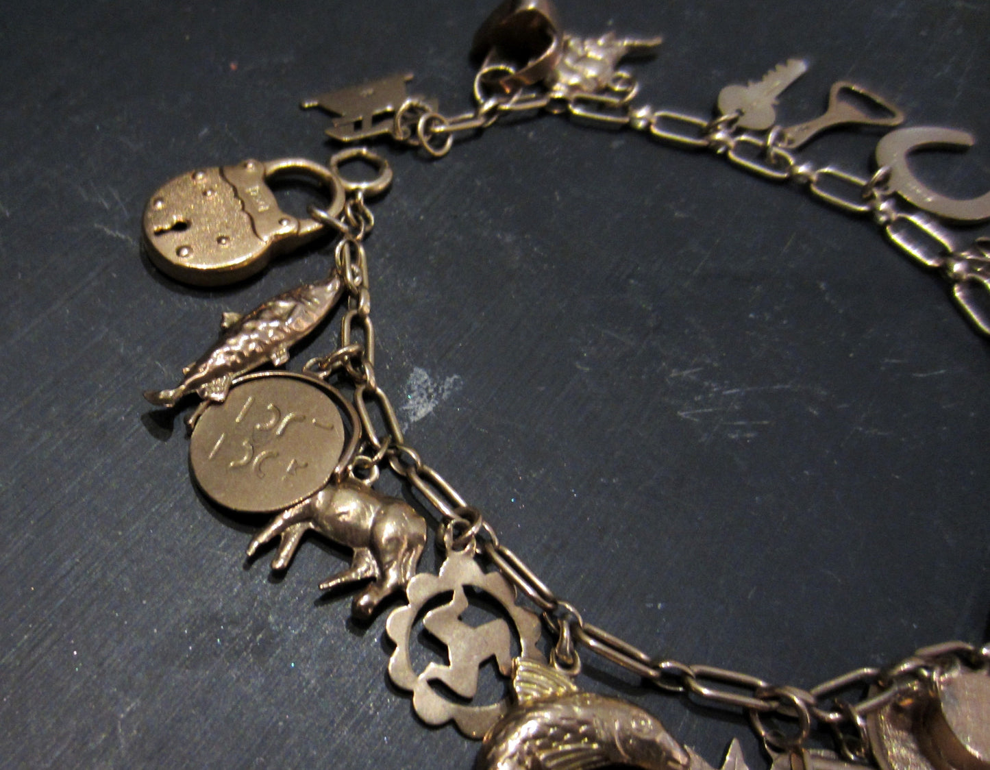 SOLD--Mid-Century Charm Bracelet 9k/18k Rose Gold, British c. 1948-51