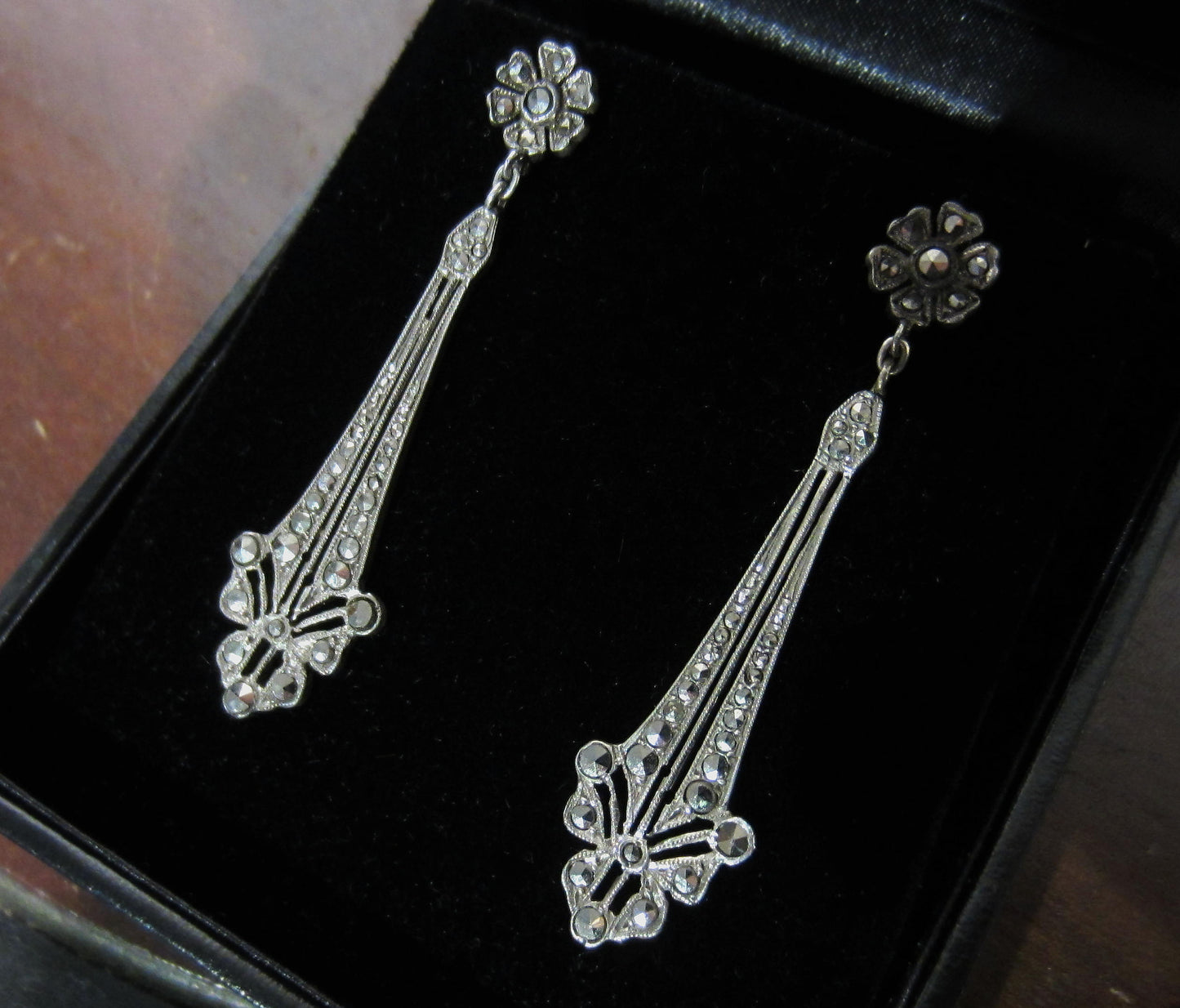 SOLD--Art Deco Marcasite Drop Earrings Sterling c. 1930