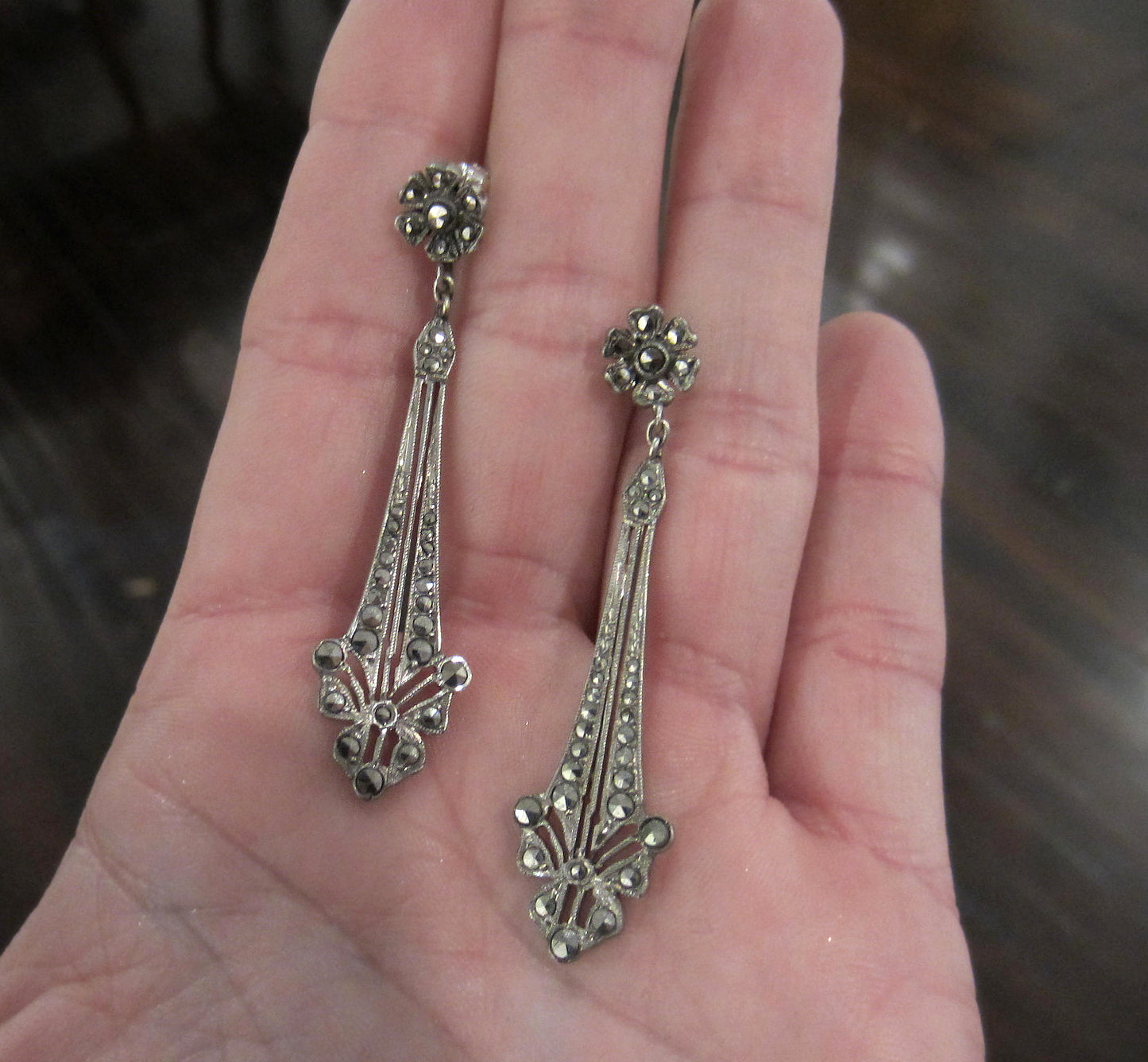 SOLD--Art Deco Marcasite Drop Earrings Sterling c. 1930