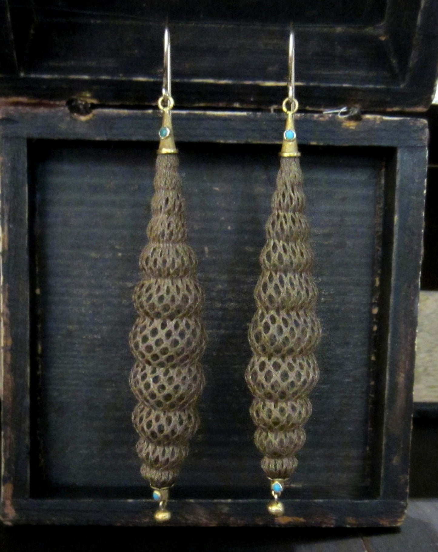 SOLD--Victorian Long Hairwork Earrings 18k c. 1870