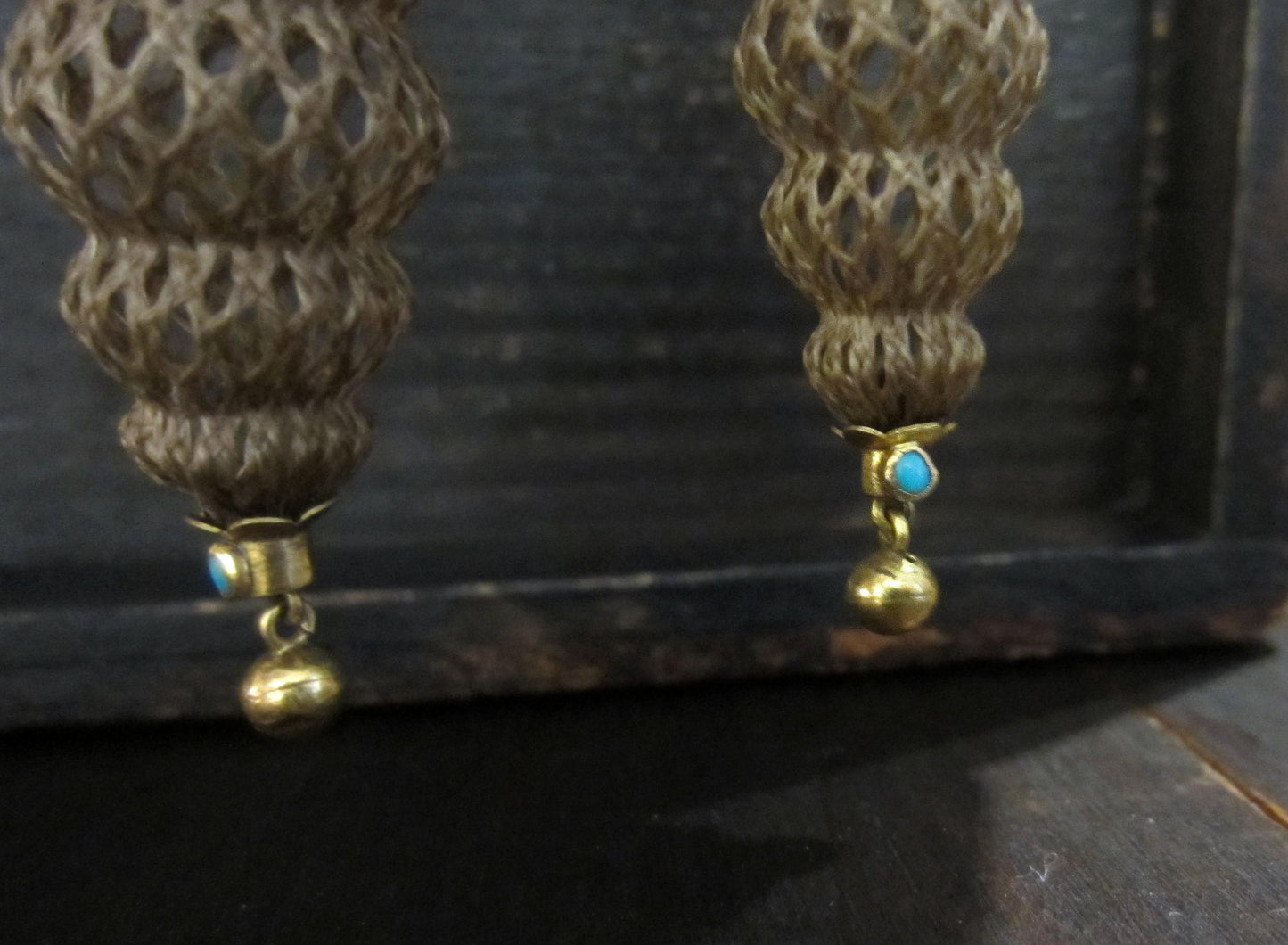 SOLD--Victorian Long Hairwork Earrings 18k c. 1870