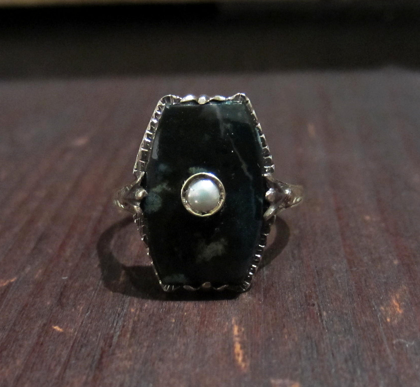 SOLD--Art Deco Agate and Pearl Ring 14k c. 1920