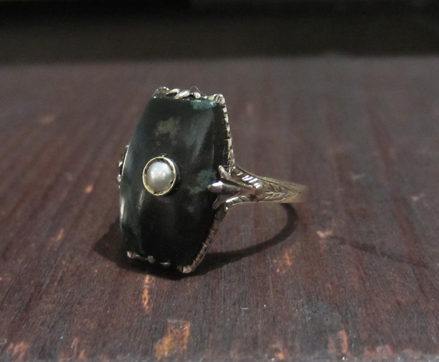 SOLD--Art Deco Agate and Pearl Ring 14k c. 1920