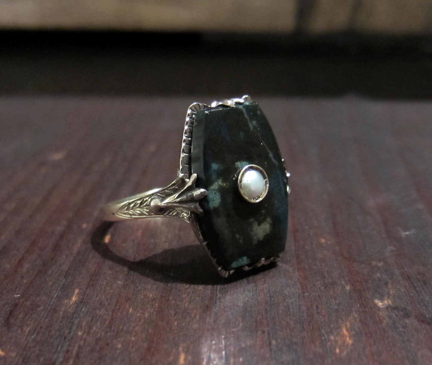 SOLD--Art Deco Agate and Pearl Ring 14k c. 1920