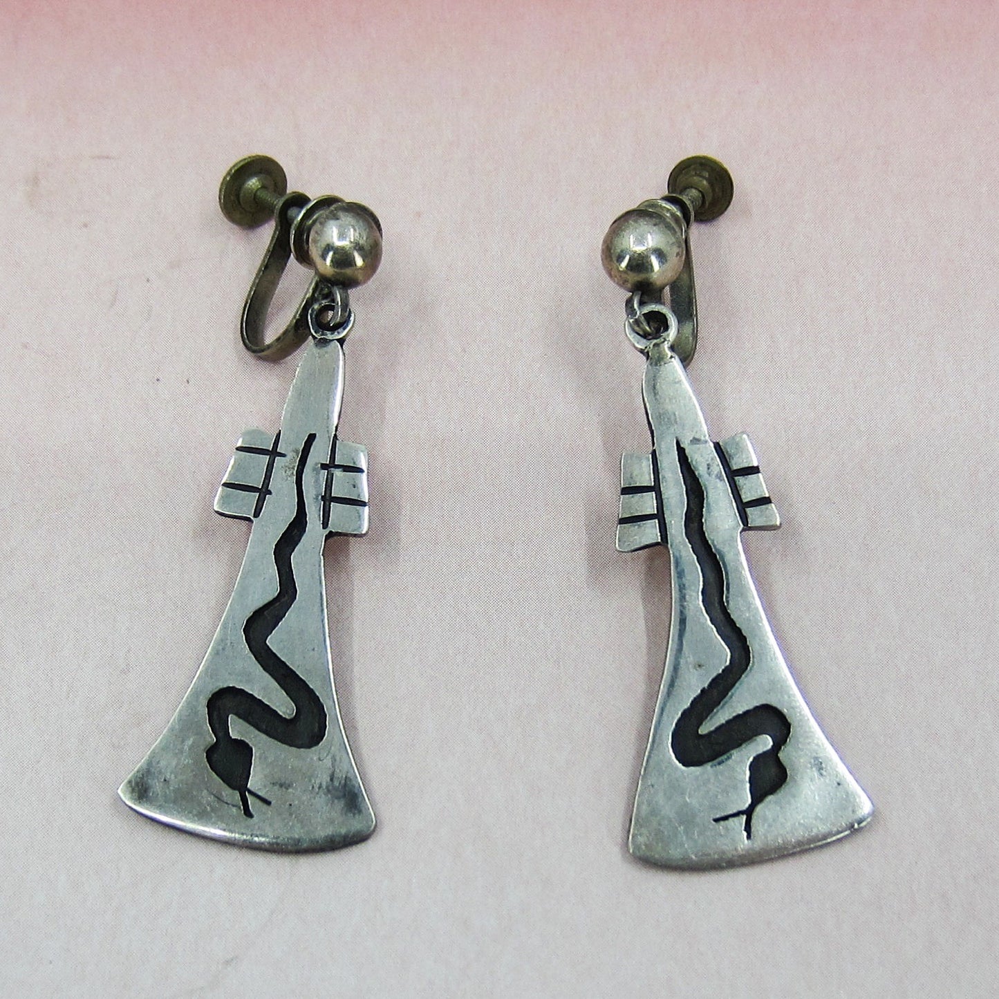 SOLD--Vintage Snake Drop Earrings Sterling Silver, Mexico c. 1950