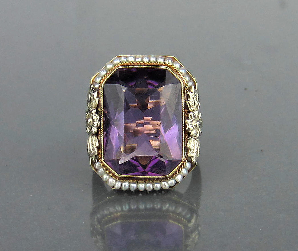 SOLD--Late Edwardian Amethyst and Seed Pearl Ring 14k c. 1915