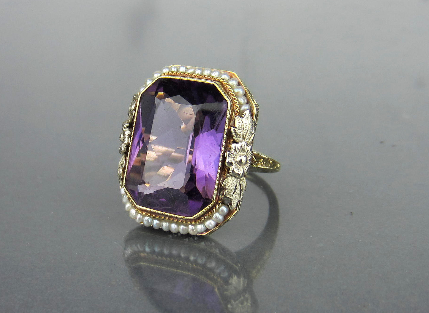 SOLD--Late Edwardian Amethyst and Seed Pearl Ring 14k c. 1915