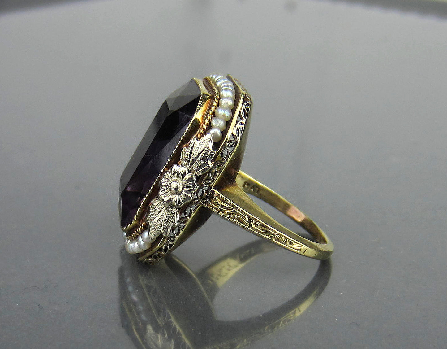 SOLD--Late Edwardian Amethyst and Seed Pearl Ring 14k c. 1915