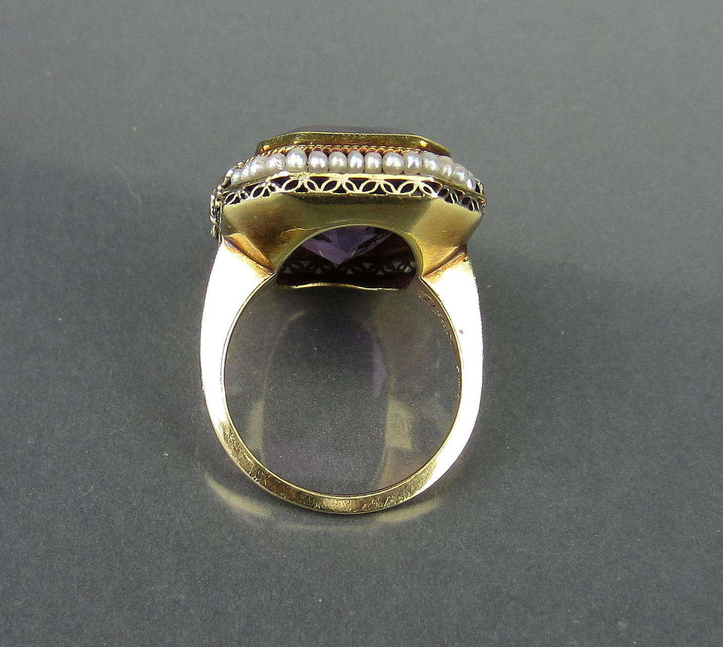 SOLD--Late Edwardian Amethyst and Seed Pearl Ring 14k c. 1915