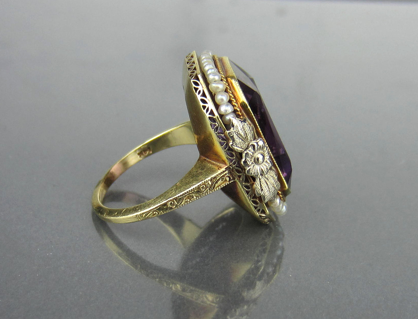 SOLD--Late Edwardian Amethyst and Seed Pearl Ring 14k c. 1915