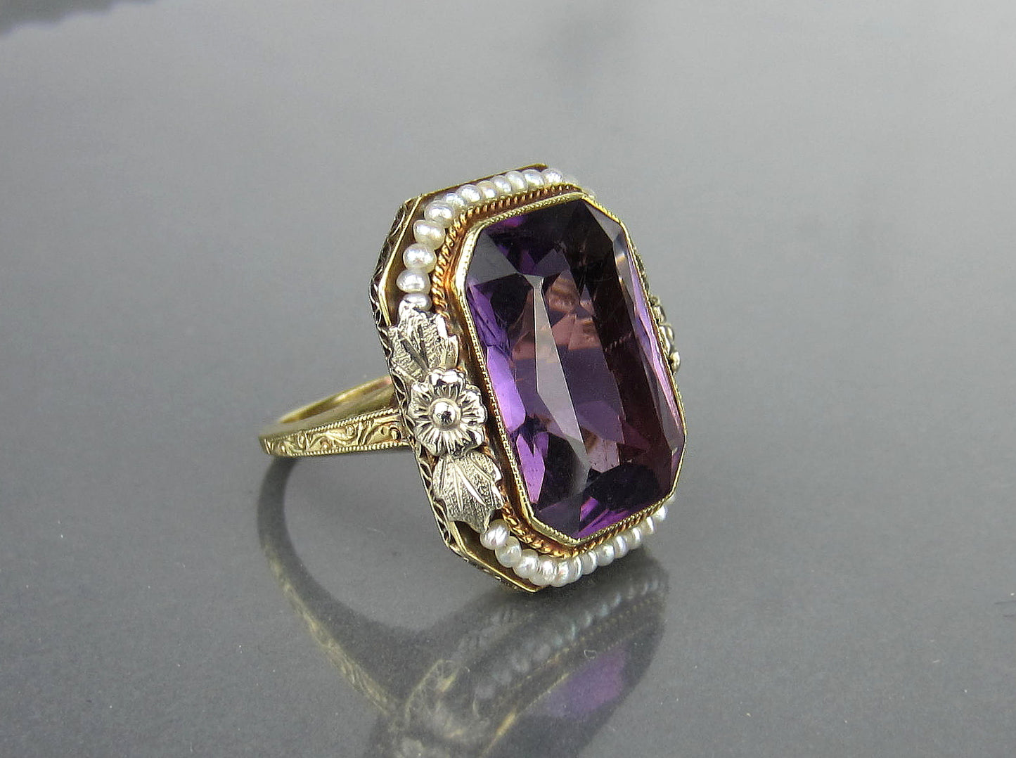 SOLD--Late Edwardian Amethyst and Seed Pearl Ring 14k c. 1915