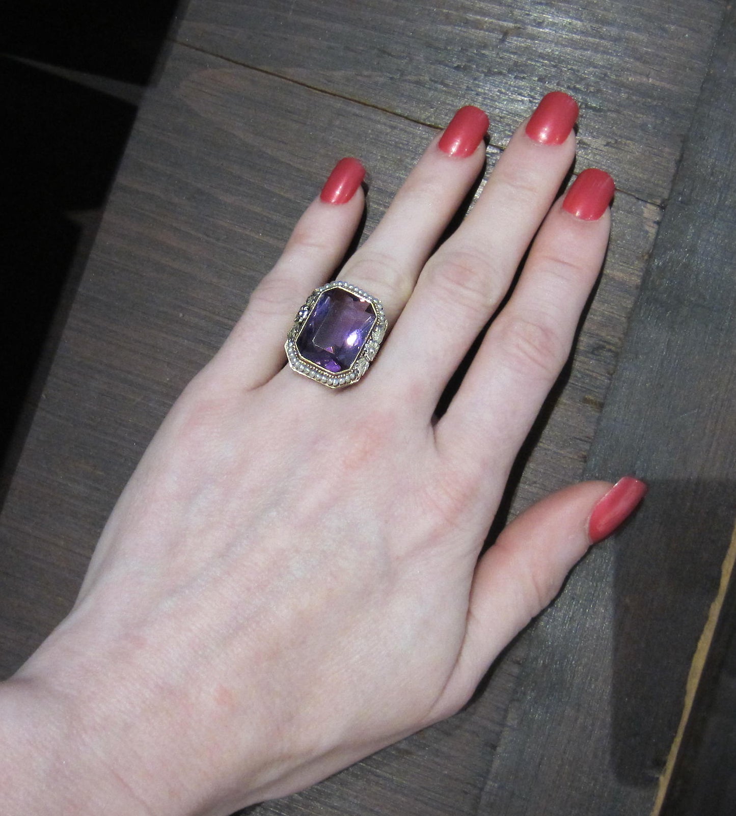 SOLD--Late Edwardian Amethyst and Seed Pearl Ring 14k c. 1915