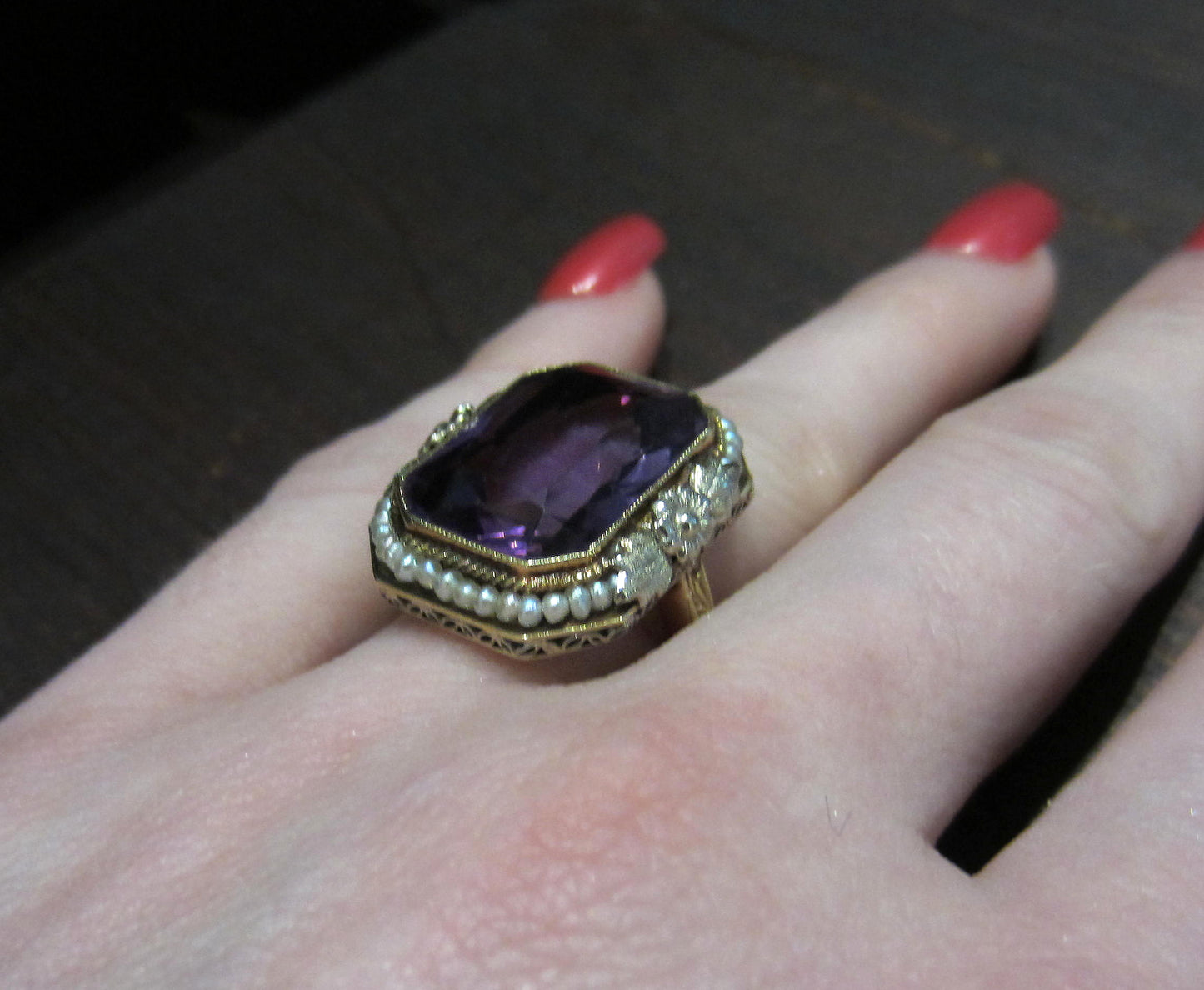 SOLD--Late Edwardian Amethyst and Seed Pearl Ring 14k c. 1915