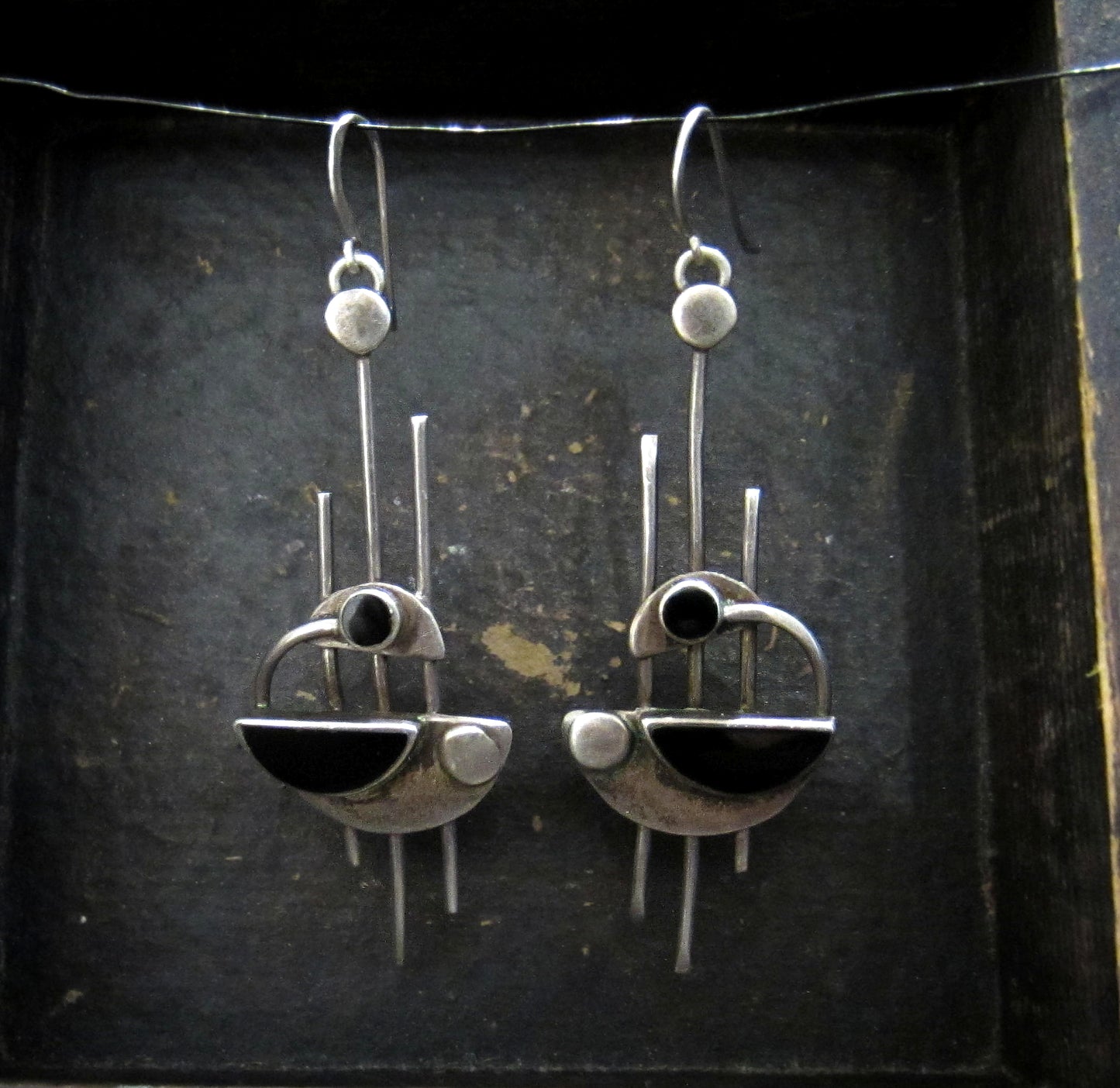 SOLD--Modernist Onyx Drop Earrings Sterling c. 1960
