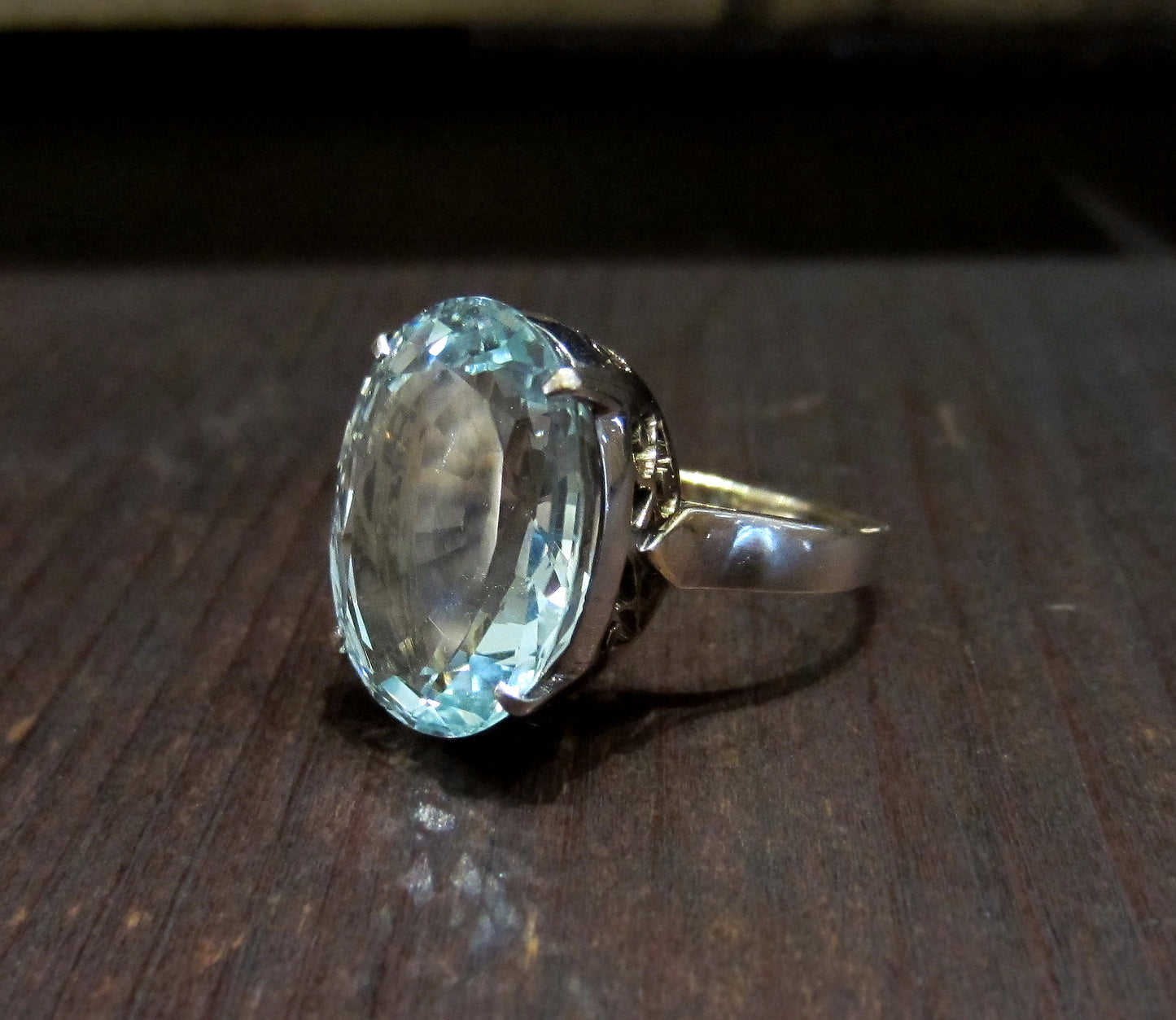 SOLD--Vintage Aquamarine Cocktail Ring 14k c. 1960