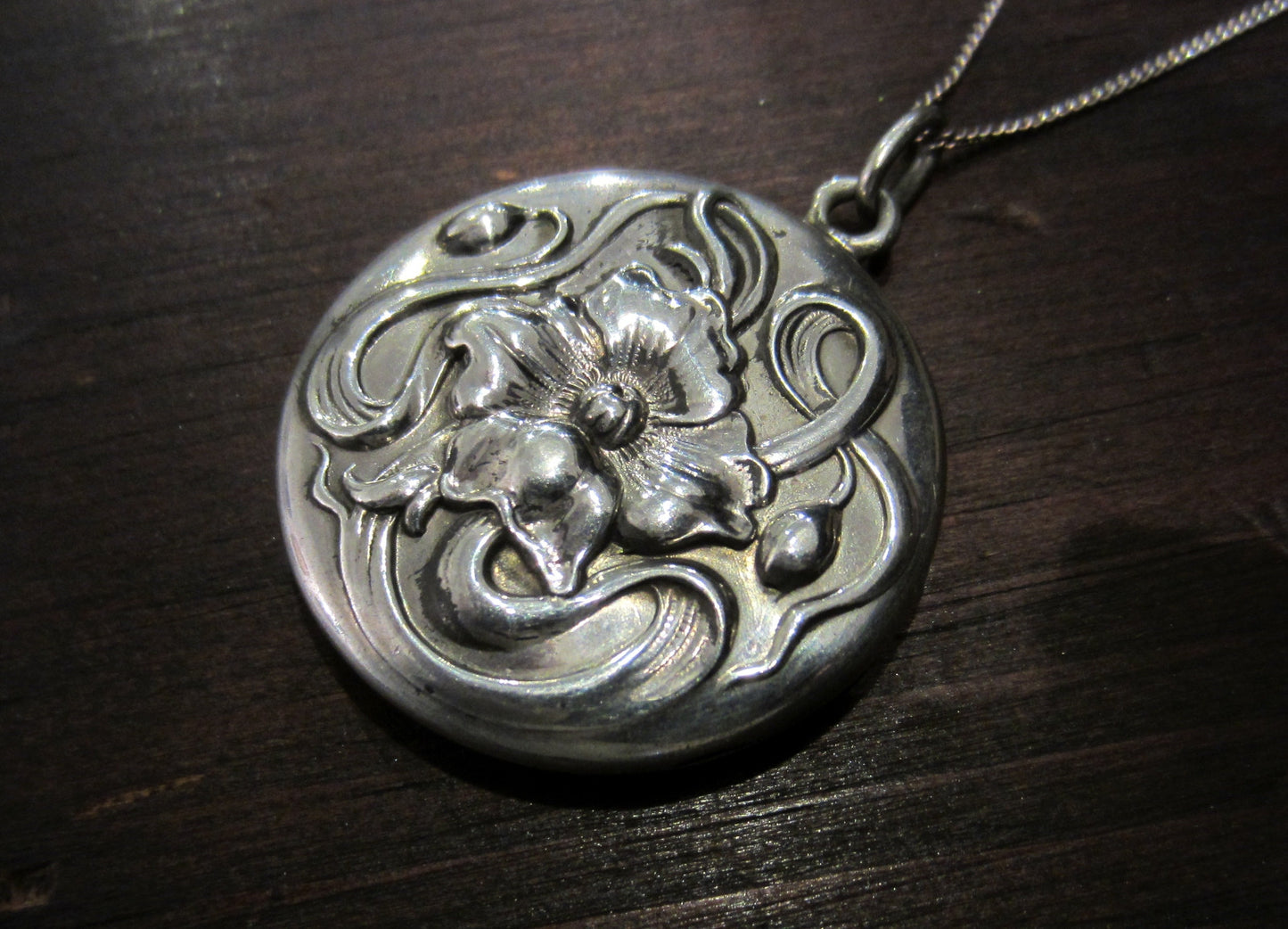 SOLD--Art Nouveau Flower Locket Sterling Silver c. 1900