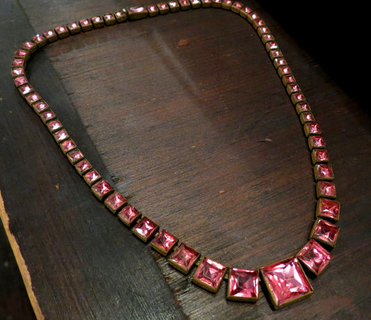 SOLD--Art Deco Pink Faceted Graduated Glass Necklace Brass, Czech c. 1930