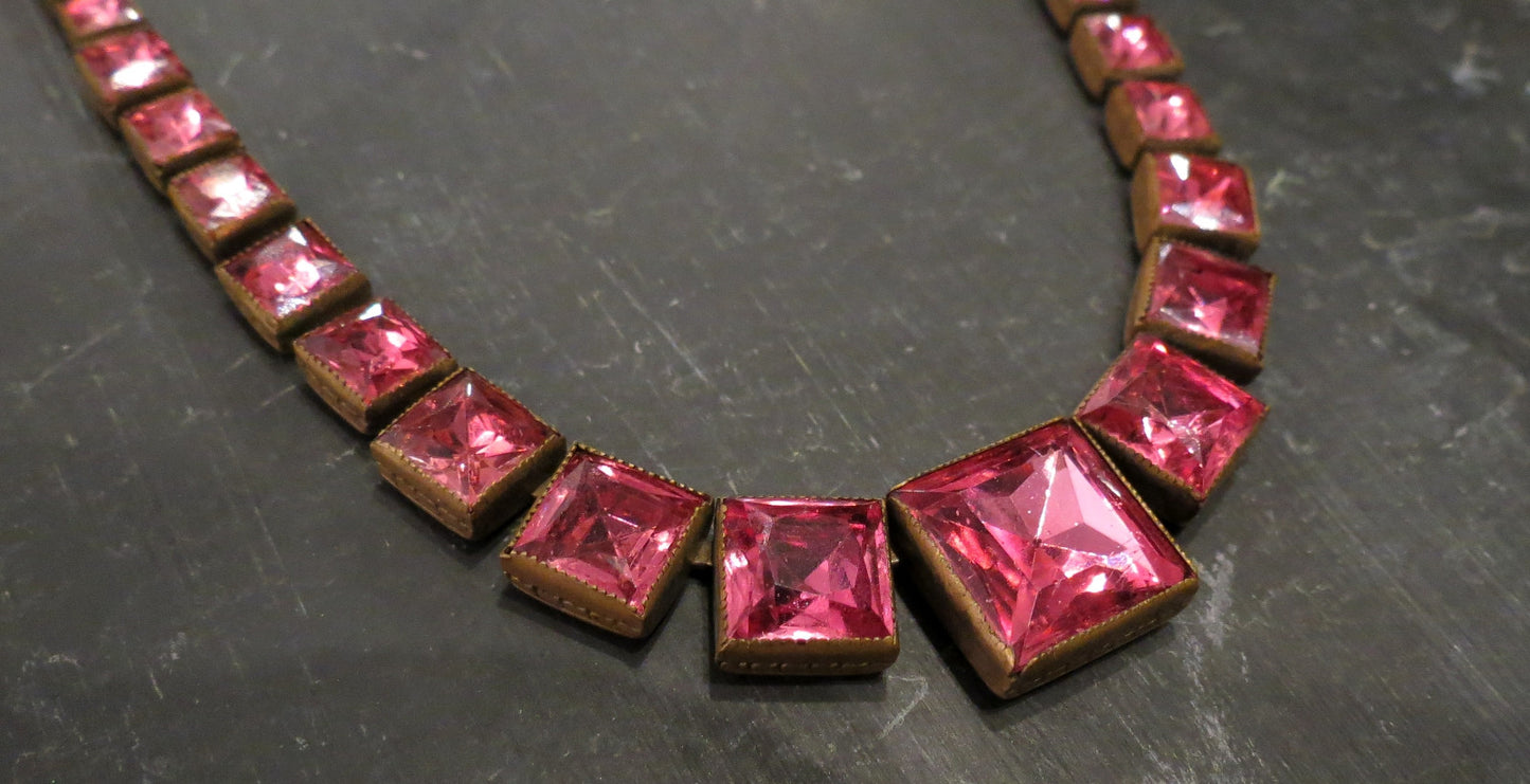 SOLD--Art Deco Pink Faceted Graduated Glass Necklace Brass, Czech c. 1930