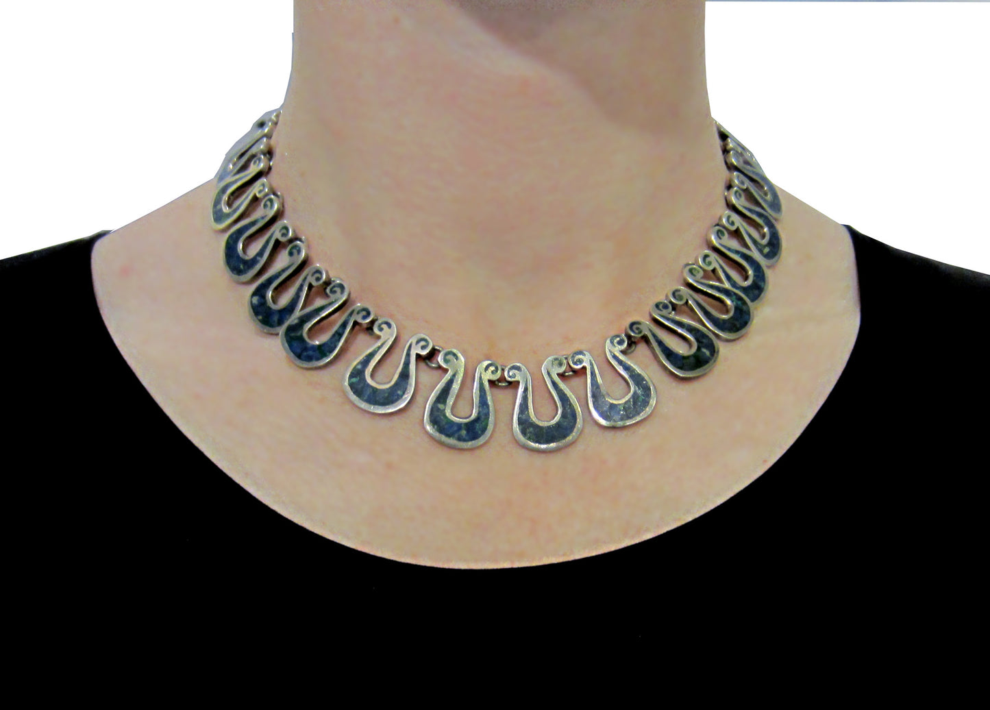SOLD--Modernist Jacopo Inlaid Lapis Horseshoe Necklace Sterling, Taxco c. 1950