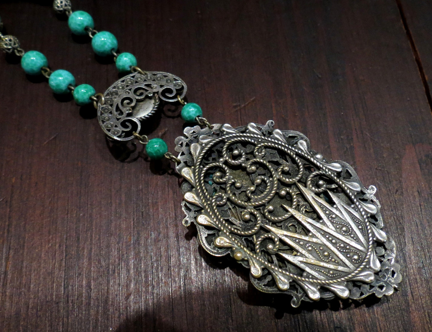 SOLD--Incredible Art Deco Czech Green Glass Drop Necklace Silver Plate c. 1930