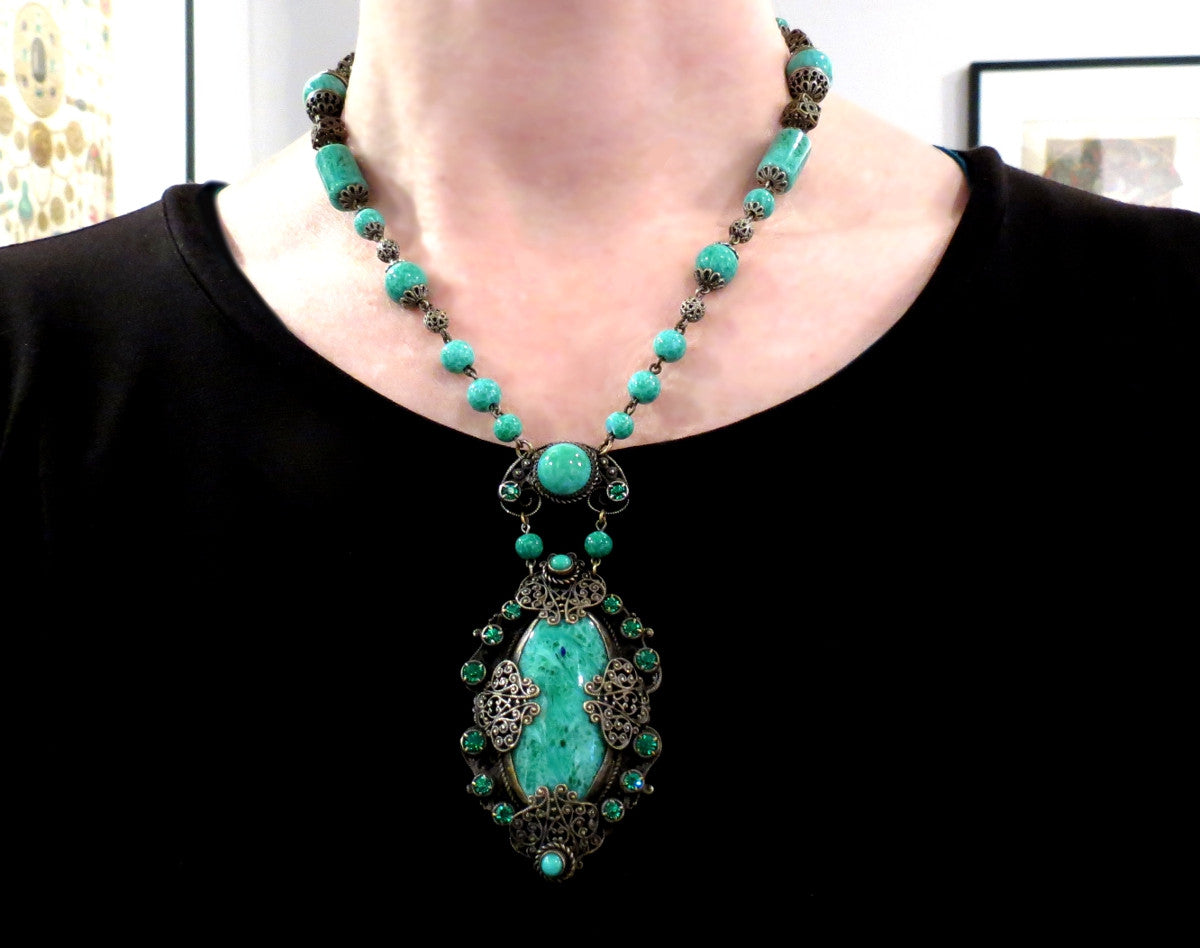 SOLD--Incredible Art Deco Czech Green Glass Drop Necklace Silver Plate c. 1930