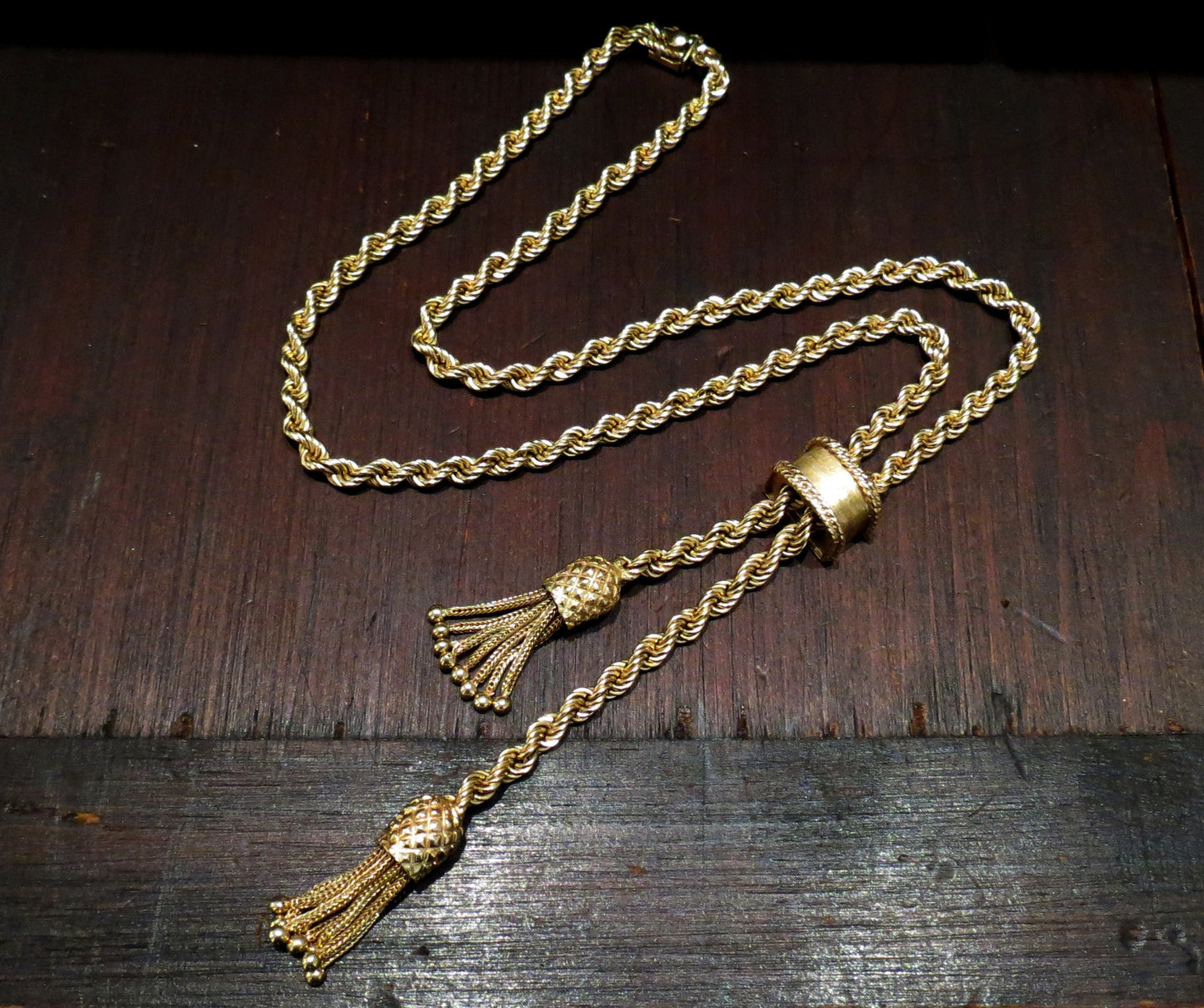 SOLD--Glamorous Mid-Century Tassel Slide Necklace 14k c. 1960