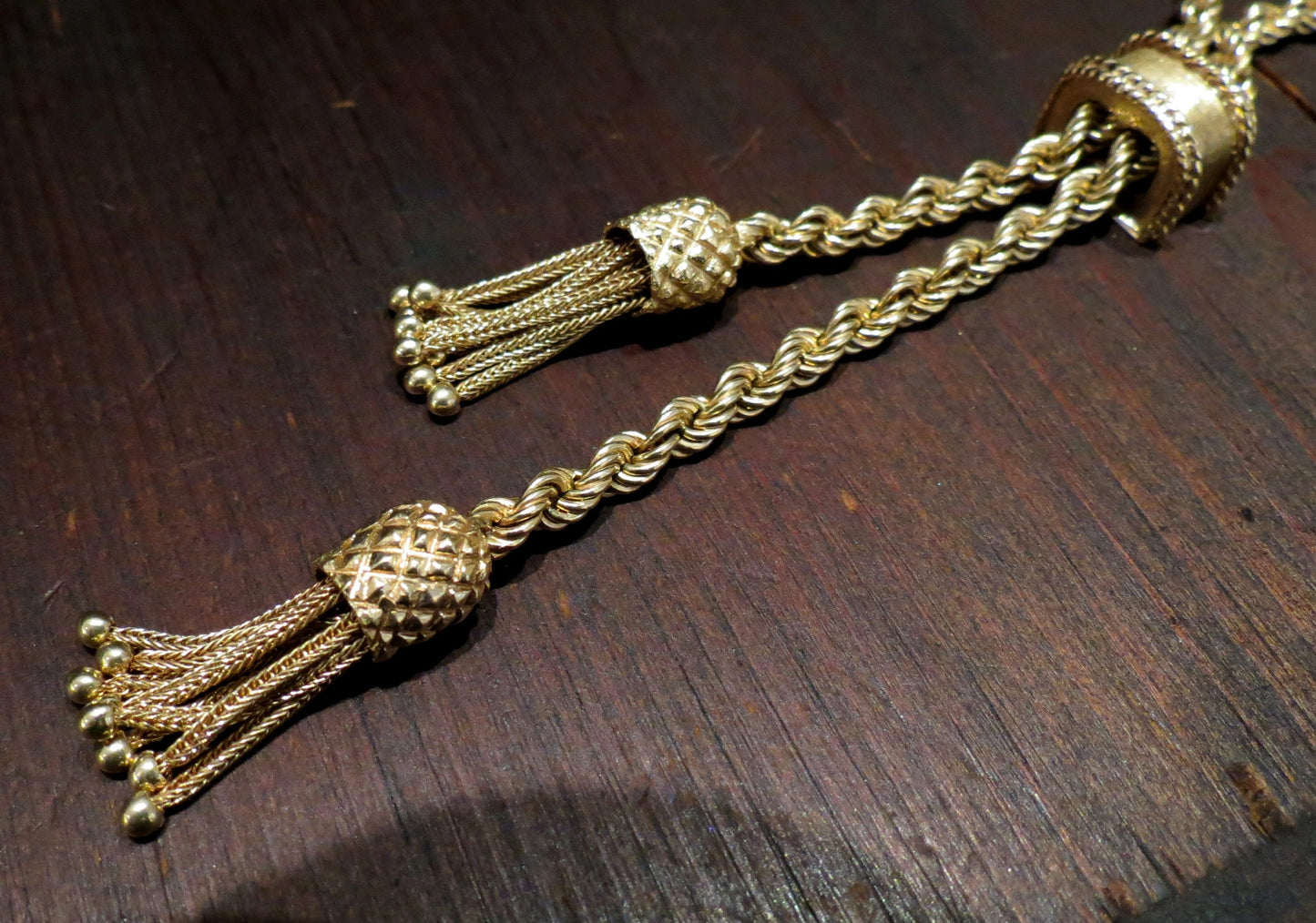 SOLD--Glamorous Mid-Century Tassel Slide Necklace 14k c. 1960