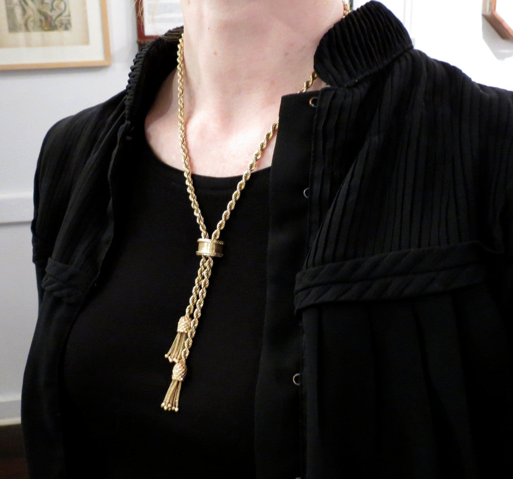 SOLD--Glamorous Mid-Century Tassel Slide Necklace 14k c. 1960