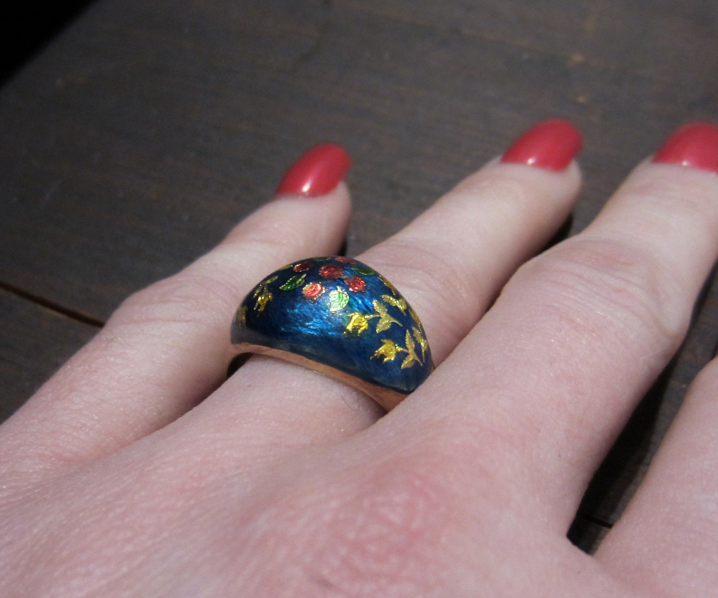 SOLD--Mid-Century Enamel Flower Ring 14k, London 1969