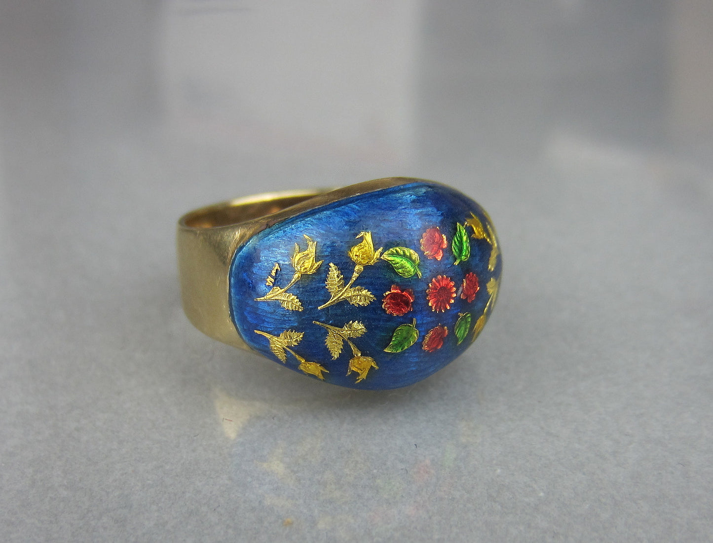 SOLD--Mid-Century Enamel Flower Ring 14k, London 1969