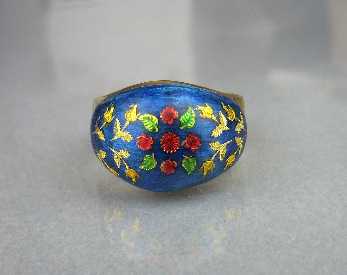 SOLD--Mid-Century Enamel Flower Ring 14k, London 1969