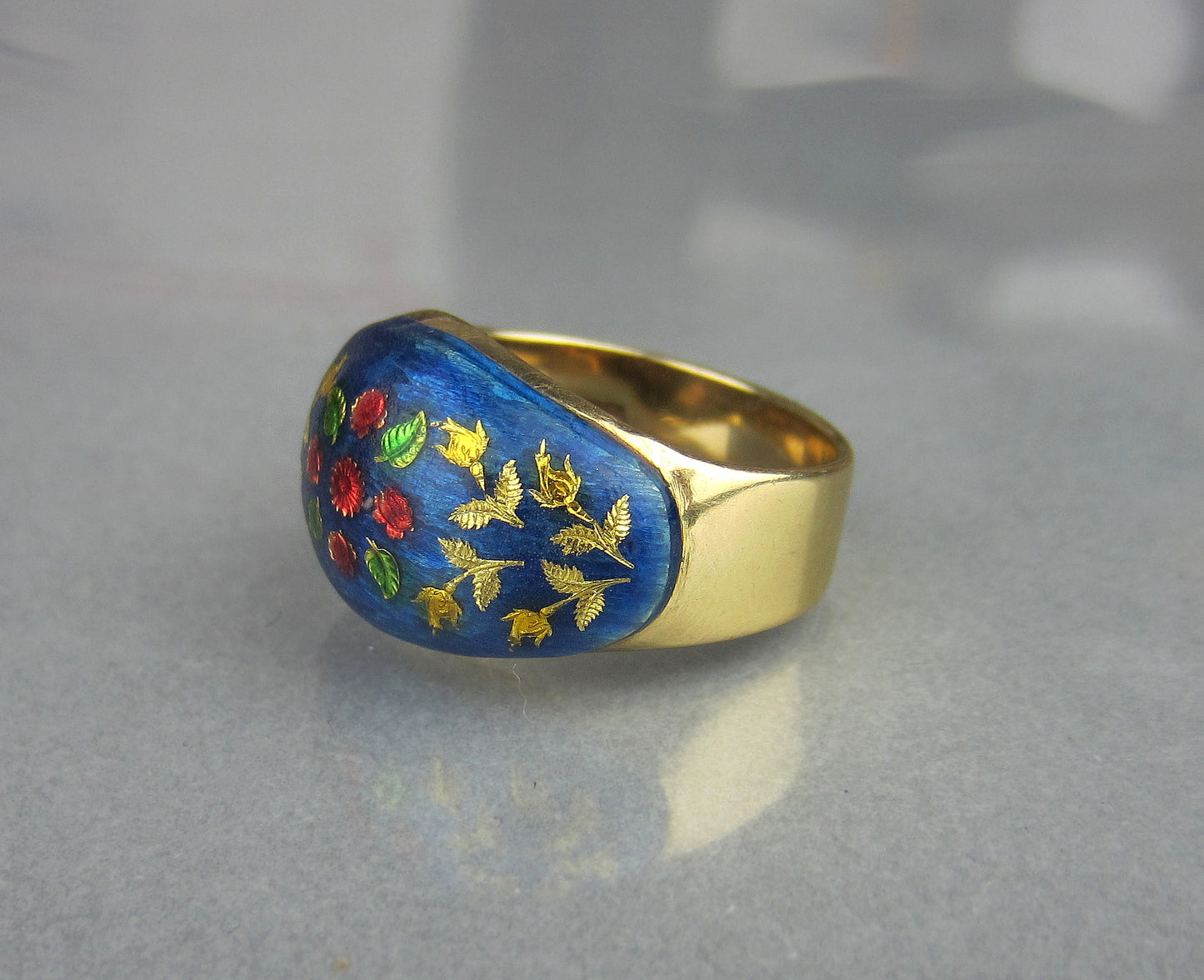 SOLD--Mid-Century Enamel Flower Ring 14k, London 1969