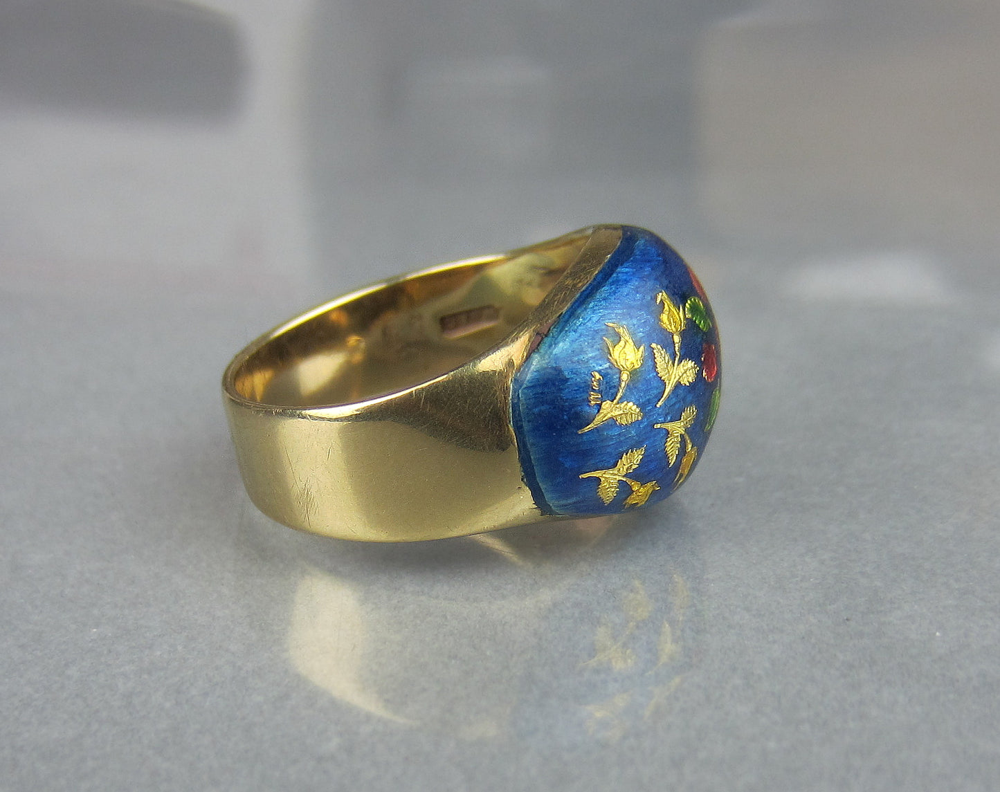 SOLD--Mid-Century Enamel Flower Ring 14k, London 1969