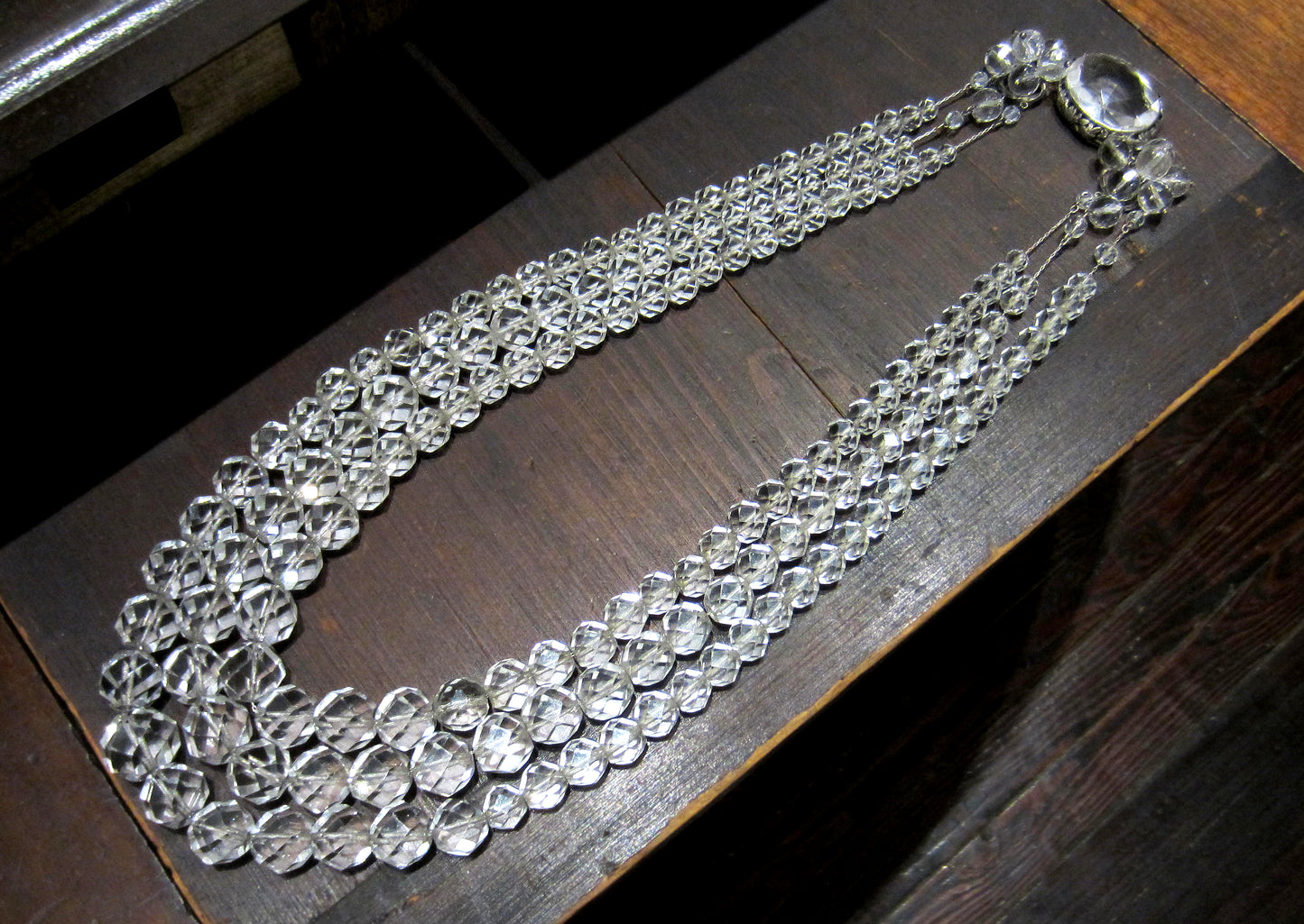 Art Deco Graduated Rock Crystal Three Strand Necklace Silver c. 1940