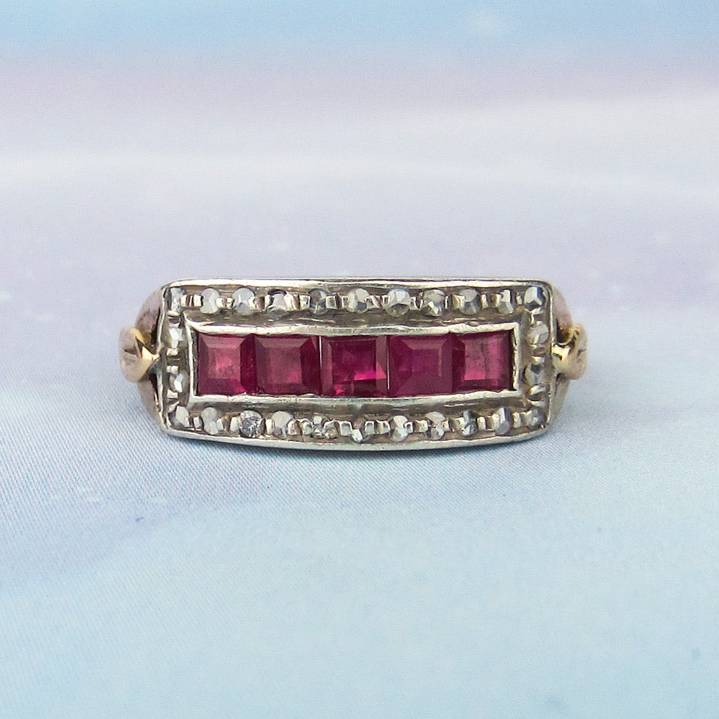 SOLD--Art Deco Square Cut Ruby and Rose Cut Diamond Ring Silver/14k c. 1940