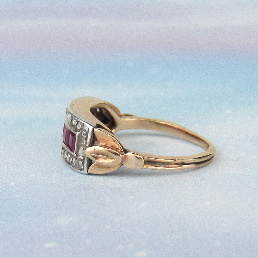 SOLD--Art Deco Square Cut Ruby and Rose Cut Diamond Ring Silver/14k c. 1940