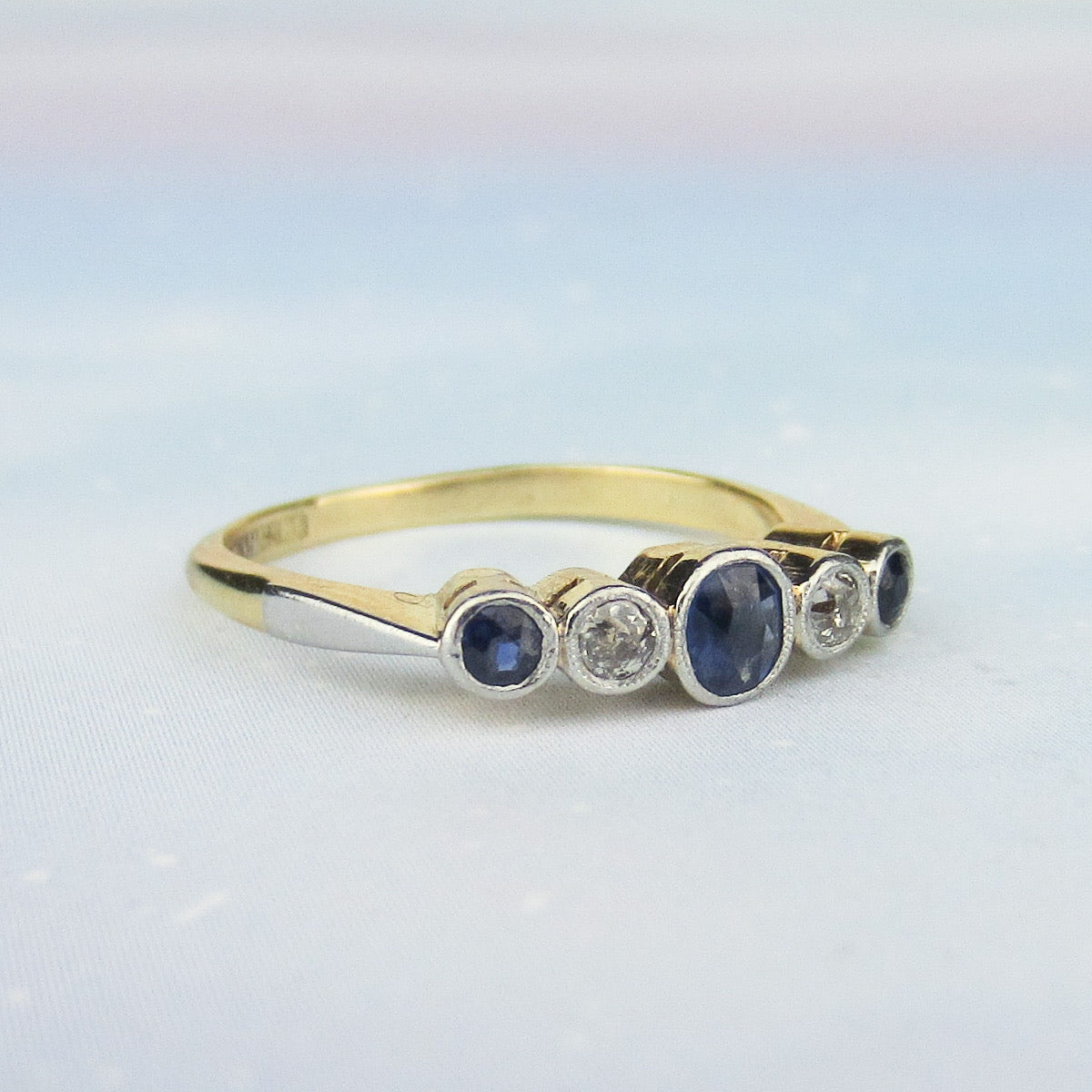 SOLD--Edwardian Bezel Set Sapphire and Old European Diamond Band Platinum/18k c. 1915