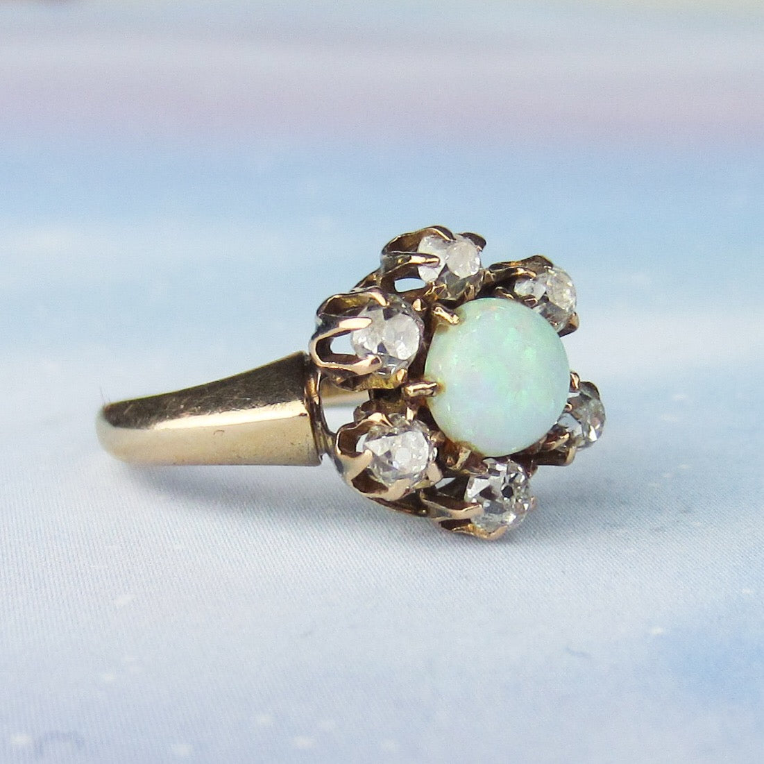 SOLD— Victorian Opal and Old Mine Diamond Cluster Ring 14k c. 1880