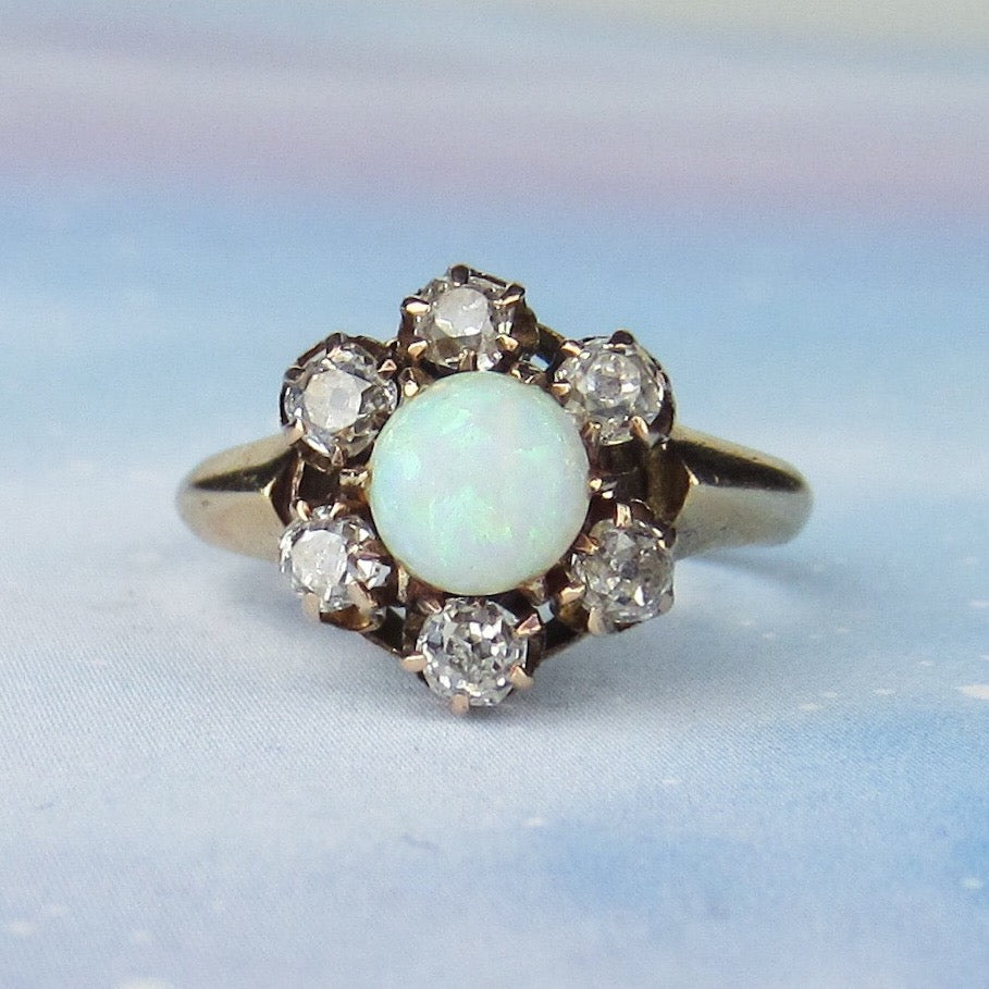 SOLD— Victorian Opal and Old Mine Diamond Cluster Ring 14k c. 1880