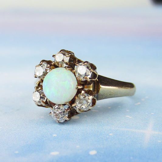 SOLD— Victorian Opal and Old Mine Diamond Cluster Ring 14k c. 1880