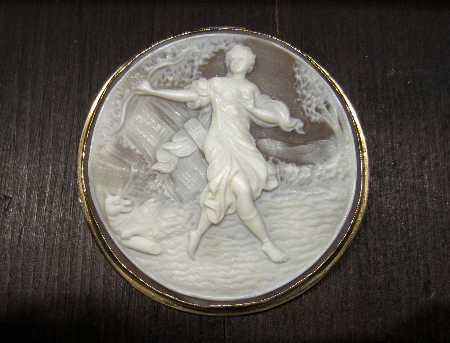 SOLD--Vintage Diana the Huntress Shell Cameo Brooch/Pendant 14k, c. 1960