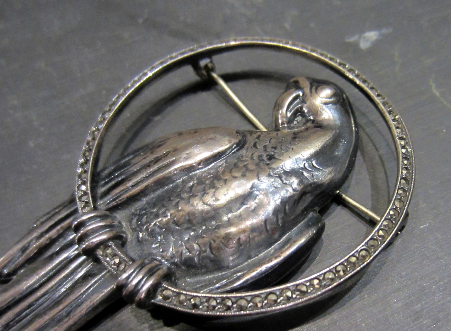 SOLD--Art Deco Fabulous Marcasite Parrot Brooch Sterling Silver c. 1930