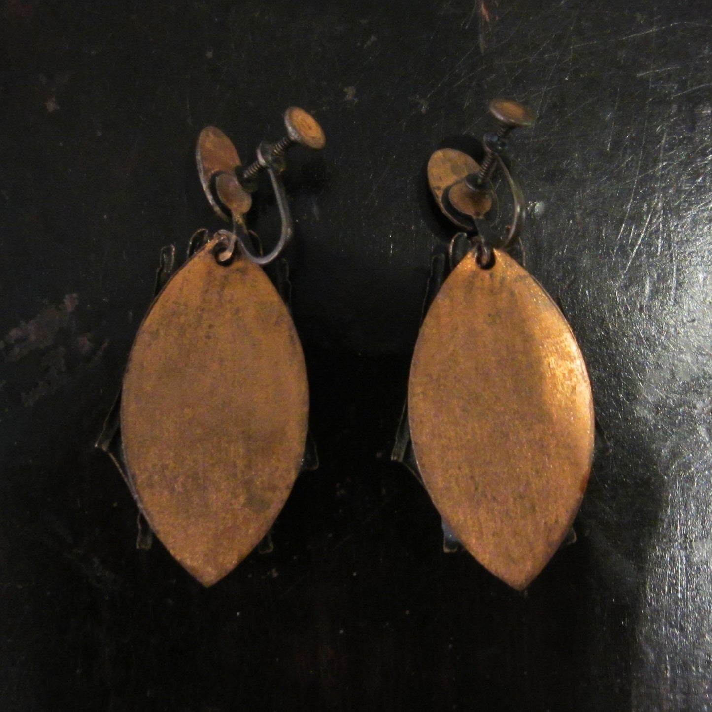 SOLD--Vintage Enamel Scarab Earrings Copper c. 1940