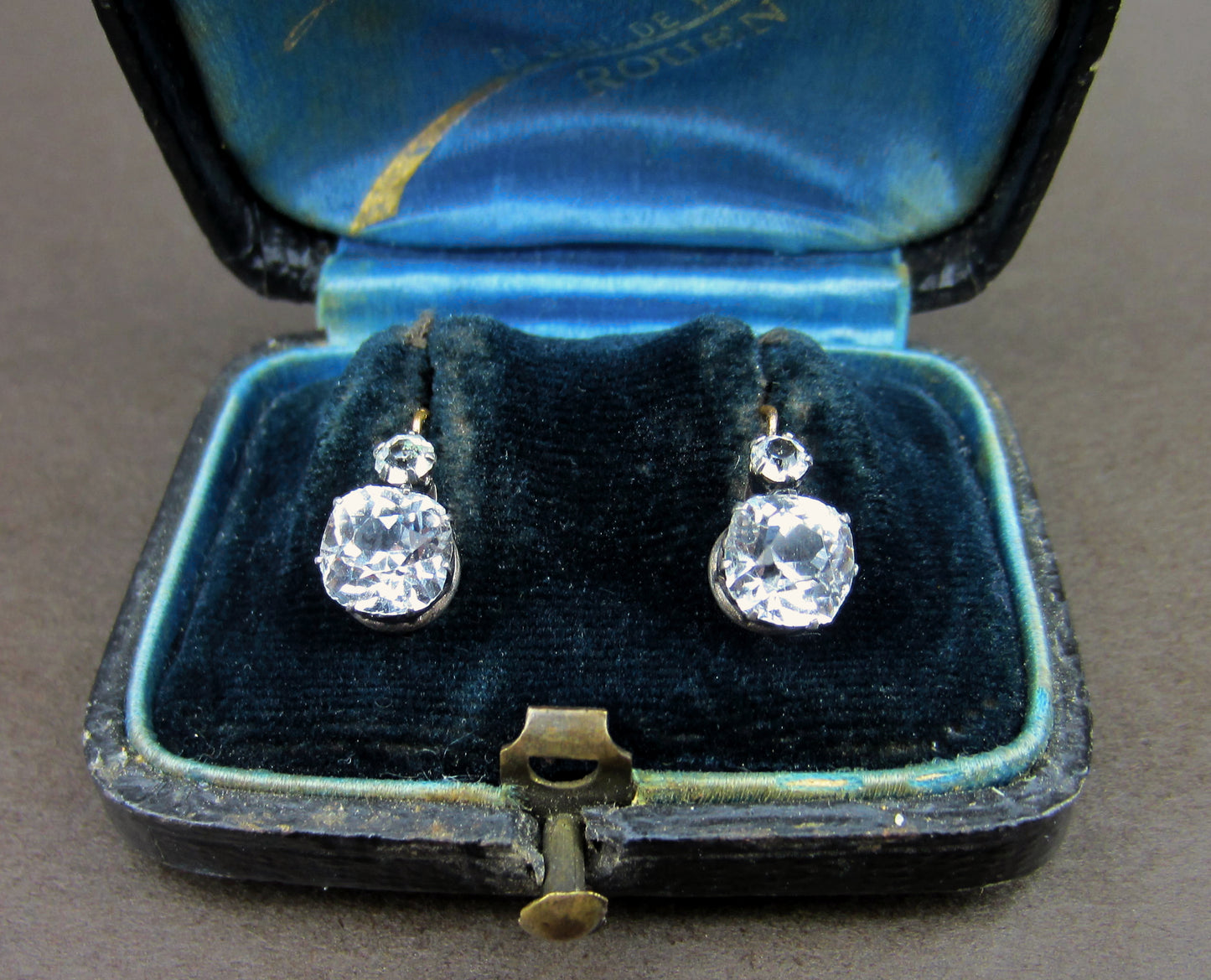 SOLD--French Victorian Paste Earrings Silver/18k in Original Box c. 1880