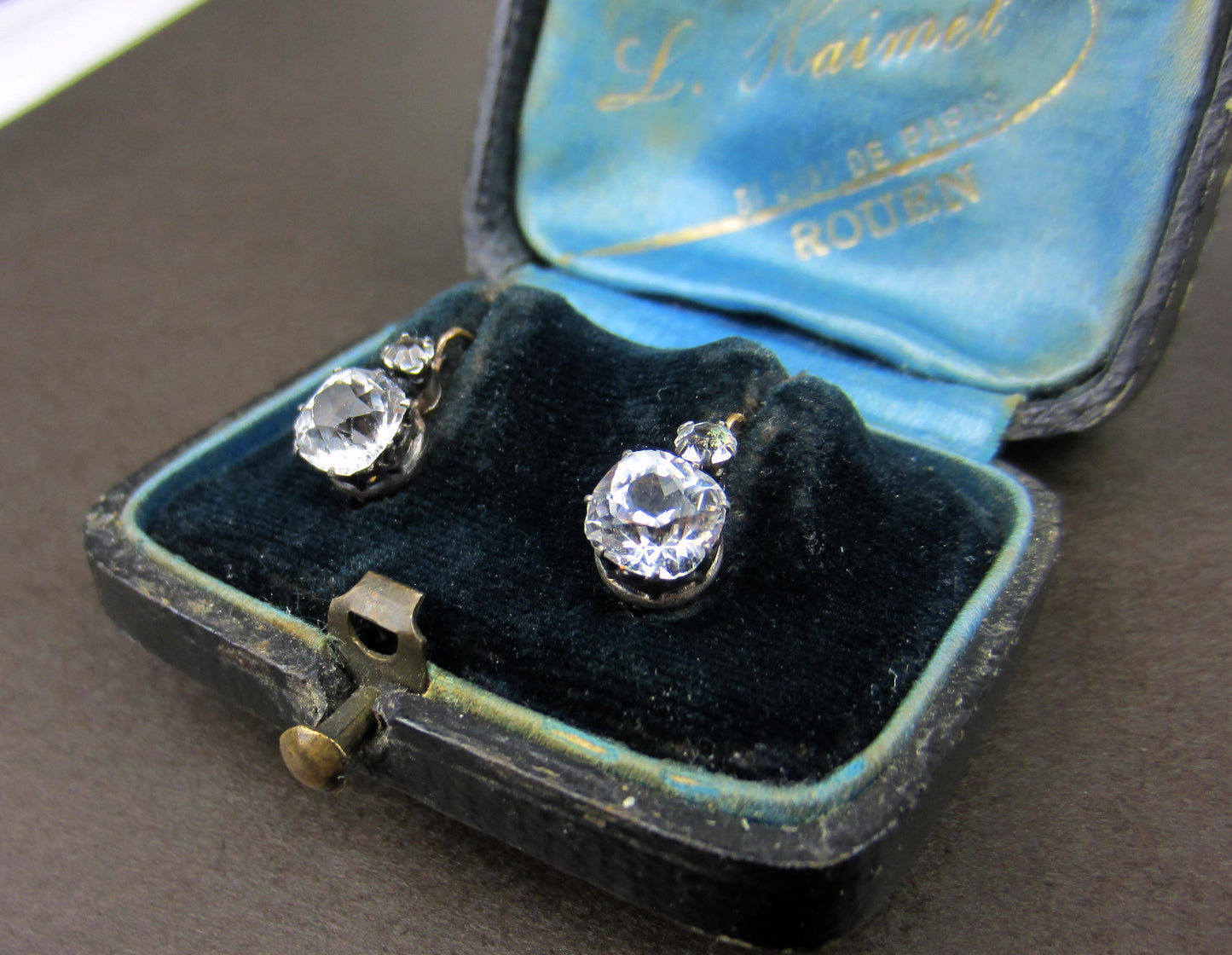 SOLD--French Victorian Paste Earrings Silver/18k in Original Box c. 1880