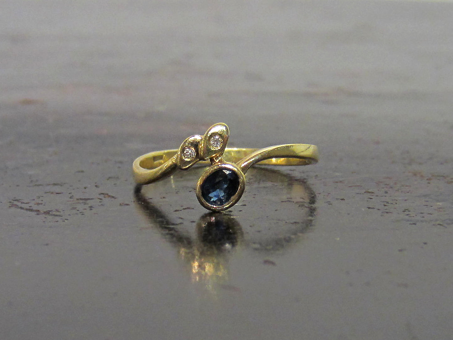 SOLD--Vintage Sapphire and Diamond Bypass Ring 18k, Italy c. 1960