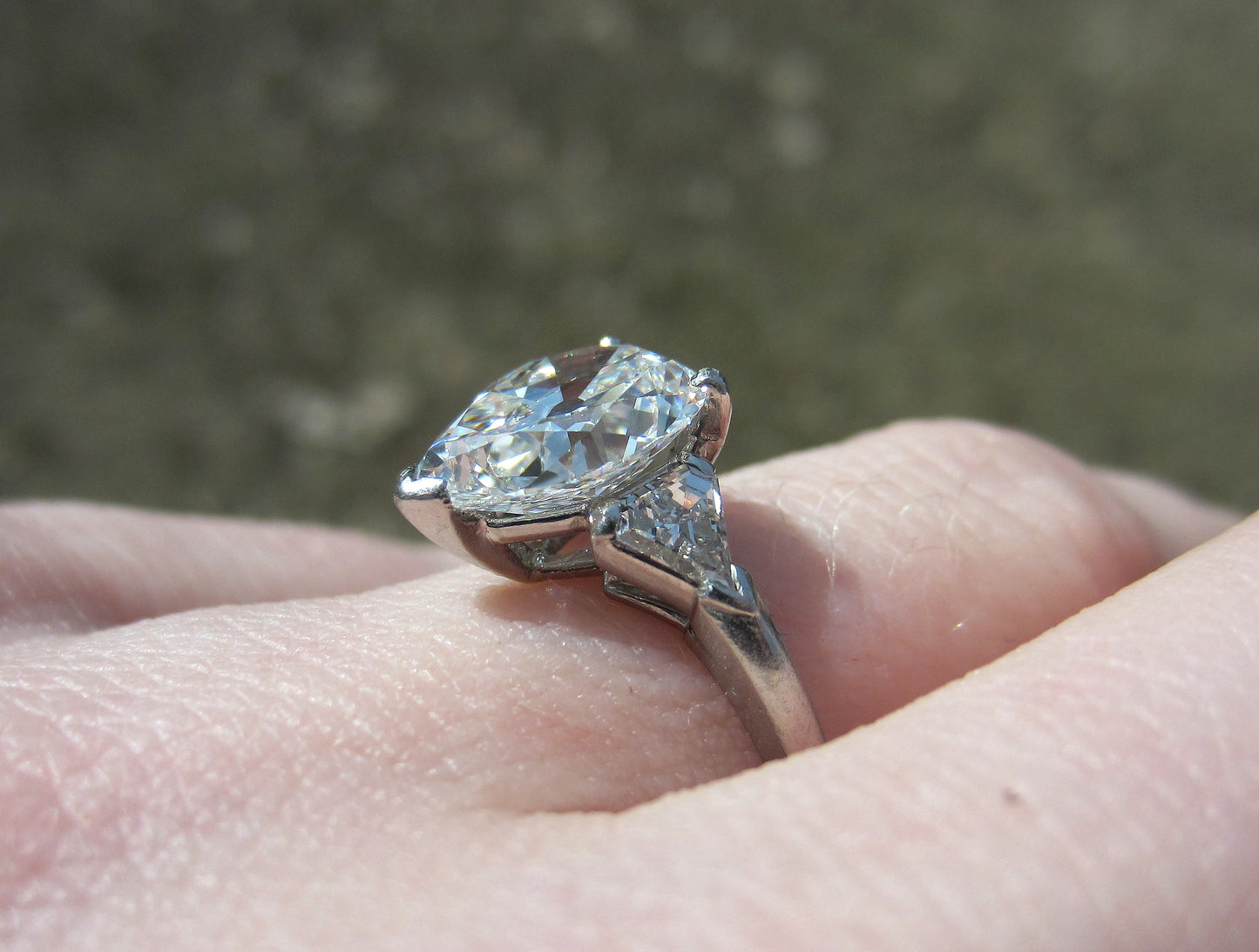 SOLD--Late Art Deco Pear Cut Diamond 2.41ct FVS1 Engagement Ring Platinum c. 1940